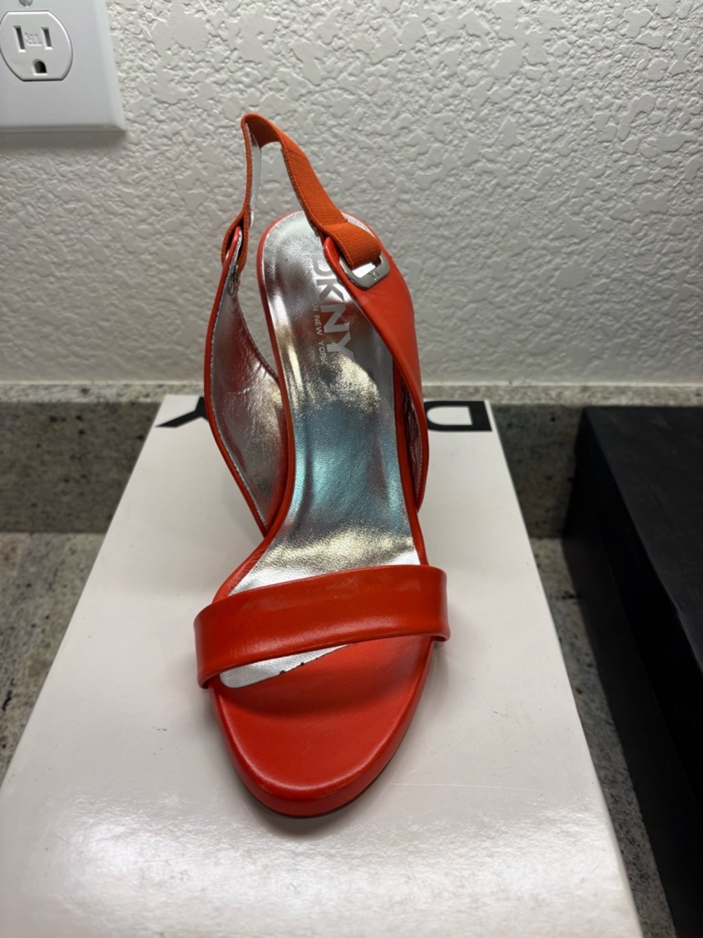 DKNY Orange Strappy High Heel Sandal with Elastic Back - Picture 2 of 4